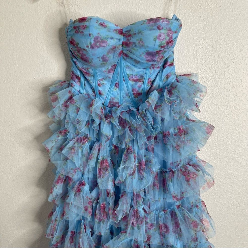 Faereisty Dress Strapless Tulle Blue & Pink Floral Ruffle Layered Evening Gown - Picture 3 of 6
